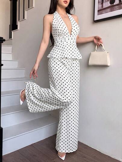 abyoxi Conjunto de 2 piezas para mujer con top blanco con lunares negros, cuello halter con escote en V profundo, espalda descubierta con lazo, cintura fruncida y ceñida, bajo con volantes y pantalones de pierna ancha de cintura alta, estilo casual, vintage, elegante, para vacaciones, uso diario, salidas, citas, fiestas, blusa de verano y pantalones largos