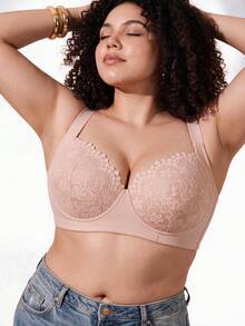 1pc Plus Size Lace Underwire Bra, Wide Adjustable Shoulder Straps, Full Coverage High Support, Suitable For Full-Figured Women's Daily Bra - Pink - View 5
