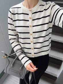 Women's Striped Gold Button Cardigan Sweater, White Long Sleeve, Medium Stretch, Regular Fit, Autumn/Winter - Black and White - View 8