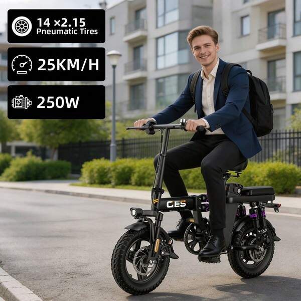 Stylish Matte Black Electric Bike With A 250W Battery, Foldable, 25KM/H, Equipped With A Suspension System, Dual Disc Brakes, 14-Inch Pneumatic Tires, 48V Removable Battery, Perfect For Comfortable City Commuting And Short Off-Road Trips.