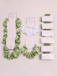 12pcs Wedding Bridesmaid Proposal Gift Set, Sage Green, Champagne, Pink Scrunchies With Cardboard Gift Decoration, Square Claw Clips Combination, Perfect Party Women Hair Accessories Set - Multicolor - View 7
