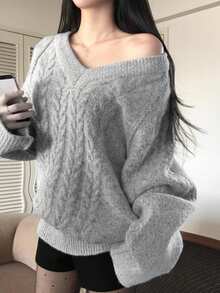 Women's V-Neck Long Sleeve Loose Cable Knit Casual Sweater - Light Grey - View 4