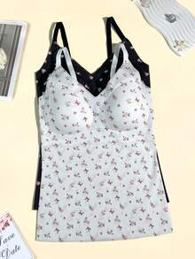 3pcs Seamless Ditsy Floral Camisole Tank Tops For Women Plus Size, Elastic Comfortable With Padded Cups, Innerwear And Outerwear - Multicolor - View 7