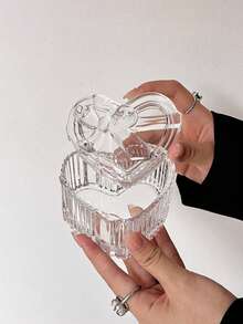 1pc Bowknot Heart-Shaped Glass Jewelry Box, Transparent Jewelry Jar With Bowknot Embossed Decoration, Home Glass Storage Box Decorative Ornament - Transparent - View 5