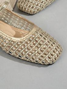 Women's Casual Woven PU Square Toe Comfortable Mary Jane Ballet Flats - Gold - View 6