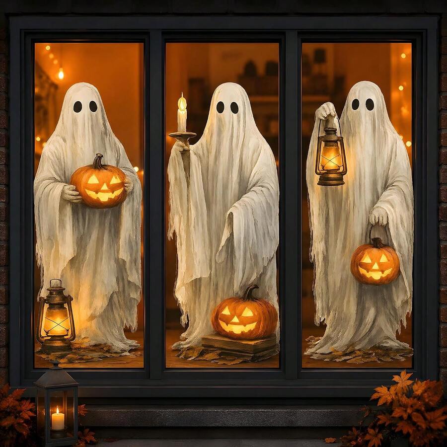 1/3pcs Vintage Country Style White Ghost Halloween Window Decals, Double-Sided Visible PVC Static Cling Glass Stickers, Suitable For Living Room, Kitchen, Store And Home Decor - Multicolor - View 1
