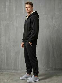 Men's 2 Pieces Winter Thermal Lined Thick Pullover Sweatshirt And Long Pants Set, Outdoor Vacation Cycling Workout Gym Running Sportswear - Black - View 5