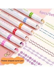 6pcs Different Curved Flower Outline Pens, Different Line Curve Shapes, Stationery For Note-Taking, Marking Colored Pencils - A - View 7