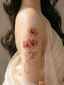 1 Sheet Red Watercolor Floral Temporary Tattoo Stickers, Delicate Magnolia With Ribbon Bow Design Fake Tattoos Waterproof Upper Arm Body Stickers Elegant Women Dating Vacation Styling - Multicolor - View 2