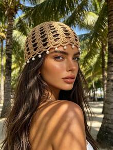 Bohemian Hollow Crochet Hair Accessory Hat, Vintage Draped Pearl Knit Hat, Summer Beach Travel Accessory - B - View 2