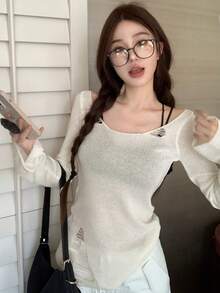 Sweater Wanita Kasual Musim Semi/Gugur Warna Polos dengan Detail Sobek dan Potongan Longgar, Kerah Bulat - Aprikot - View 2