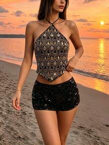 Black & Gold Heavy Embellished Sequin & Beaded Spaghetti Strap Camisole Top, Triangle Hem, Backless, Sexy Short Style For Women, Summer Casual - Black - View 4