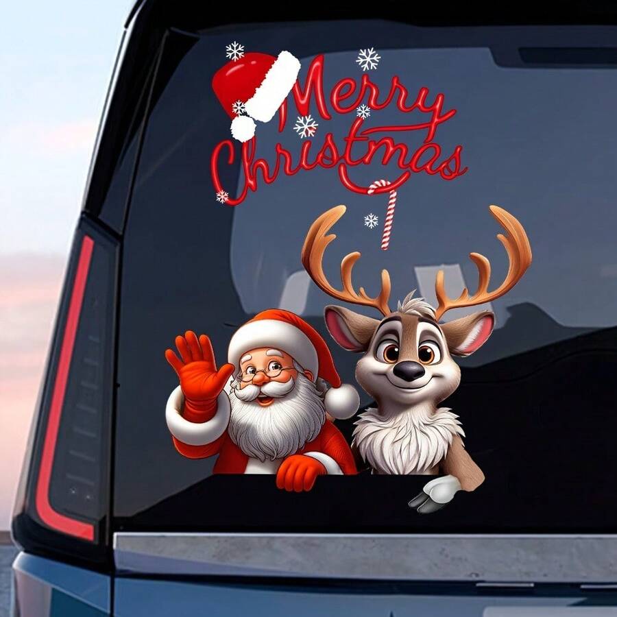 2pcs/Set Merry Christmas English Santa Hat Snowflake Santa Claus Reindeer Combination Car Stickers, Suitable For Cars, Trucks, SUVs, Christmas Cartoon Pattern Holiday Atmosphere Decorative Stickers, Home, Doors, Windows, Glass, Wall Stickers, Window Decals - one-size - View 1