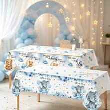 1/3PCS Disposable Plastic Table Cover, 51*86 Inch Rectangular Tablecloth, Cute Cartoon Elephant & Bear Pattern Decorated With Clouds, Stars And Blue Roses, Lue Animal Design, For Shower Party, Gender Reveal Gathering, Table Setting Supplies - Blue Teddy Bear - View 1