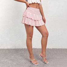 Women's High-Waisted Culottes With Side Drawstring And Tiered Ruffles, 2 Colors Available, Y2K Style Casual Mini Skirt For Summer Vacation And Urban Style. - 粉色 - 查看 9