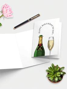 1pc Retro Hand-Painted Champagne Bottle Birthday Card With Red Envelope, Easy Premium Toast Happy Birthday Greeting Card, Adult Men Women Party Celebration Gift Sentiment Card - Multicolor - View 5