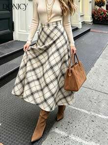 DONICY Women's White Diagonal Plaid High Waist A-Line Midi Skirt, Flowy Hem Long Skirt, Suitable For Spring And Autumn Daily Wear - White - View 6