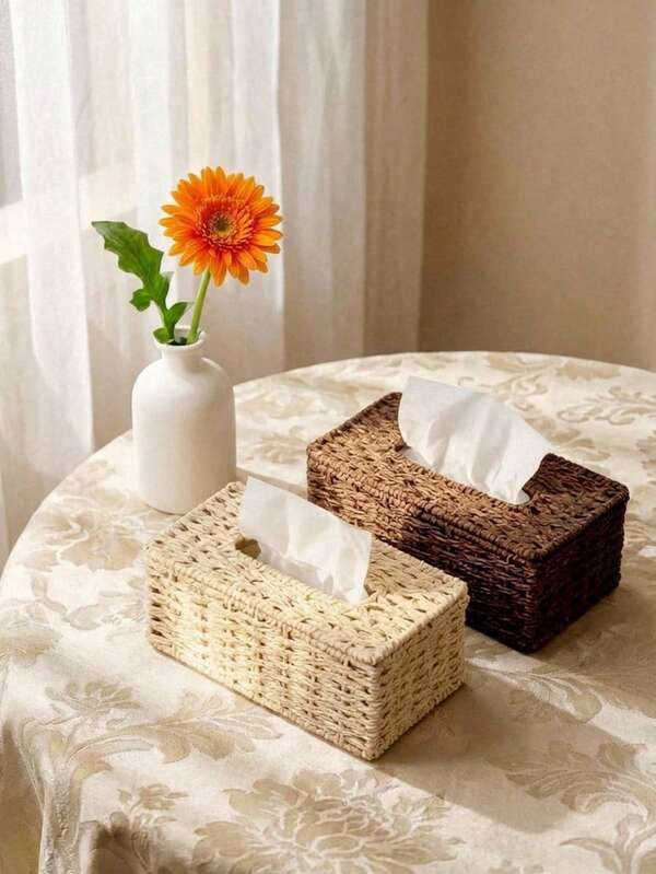 Cirelle 1pc Handmade Woven Tissue Box, Rectangular With Lid, Bohemian Style Decorative Woven Box, Suitable For Bathroom, Bedroom, Bookshelf, Living Room, Home, Dining Room, Hotel Tissue Storage, Modern Minimalist Design, Multiple Colors Available