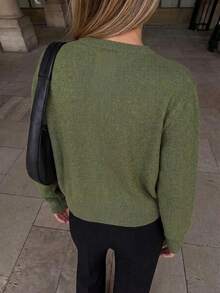 Women's Vintage Frog Button Zipper Knit Cardigan, European Style Round Neck Long Sleeve Short Jacket, Autumn/Winter Casual Versatile Knit Sweater Fall - Army Green - View 6