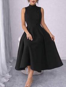 Elegant Sleeveless High Neck Midi Dress For Women, Side Button Detail, Chic Casual And Party Tailored Dress - 黑色的 - 查看 3