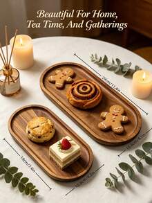 Oval Wooden Tray, Multi-Functional Wooden Plate, Kitchen Essential, Stackable Wooden Snack Plate, Autumn Decor, Suitable For Displaying Desserts, Cookies, Cheese, Fruit, Nuts. Perfect For Breakfast, Afternoon Tea Parties And Picnics - Brown - View 3