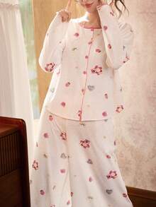 Gongdie Disney Women's Cute Cartoon Print Button-Up Top And Loose Wide Leg Frill Trim Pajama Pants Set - Beige - View 2