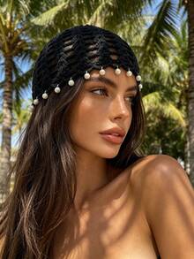 Bohemian Hollow Crochet Hair Accessory Hat, Vintage Draped Pearl Knit Hat, Summer Beach Travel Accessory - B - View 4