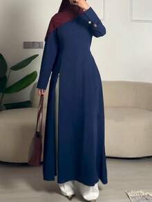 Women's Elegant Casual Round Neck Long Sleeve Minimalist Split Long Robe/Dress 2-In-1 (Zipper Adjustable Split) Solid Color Back Tie Zipper For Daily Wear And Dating - Royal Blue - View 7