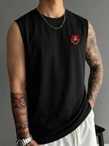 Tank Top Leher Bulat Kasual Serbaguna untuk Pria di Musim Panas dengan Motif Pemandangan Merah Plum dan Berbagai Elemen. - Hitam - View 2