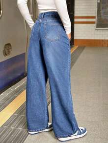 Teen Girls' Navy Blue Casual Cat Whisker Straight Leg Jeans - Medium Wash - View 3