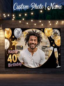 1pc - Customized Happy Birthday Backdrop, Customized Black & Gold Theme Printed Poster - Personalized Birthday Party Customized Photo And Name Poster - Suitable For Party Decorations, Birthday Gifts, Gallery Decor And Photo Props, Party Decorations, Unique Personalized Backdrop Photography And Display, Party Decorations, Multi-Functional, Durable, Highly Decorative, Summer Holiday - Multicolor - View 2
