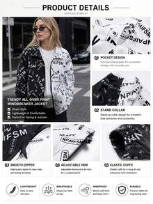 1pc Women's Spring/Autumn New Fashion Versatile Outdoor Street Style Letter Elastic Cuff Adjustable Hem Sports Climbing Top Design Niche Black & White Patchwork Jacket - Black and White - View 5