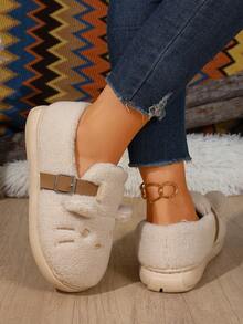 1 Pair Women Beige Casual Closed Toe Shoes Cartoon Pattern Adjustable Strap House Footwear - Beige - View 7