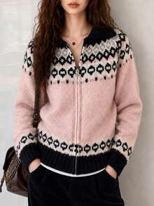 Jaket Kardigan Rajut Wanita Kasual Musim Gugur/Dingin, Lucu, Longgar, Bermotif Vintage, Kerah Berresleting, Warna Pink - Berwarna merah muda - View 4