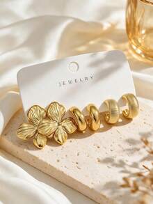 3-12 Pairs Gold Flower Earrings And Thick Hoop Earrings Set, Vintage High-End Women's Fashion Accessories, Suitable For Party, Date, Vacation - Gold - View 5