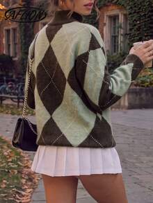 Women's Fall Y2K Argyle Knit Sweater, Half Turtleneck Long Sleeve Loose Preppy Pullover For Daily Campus Streetwear - Multicolor - View 2