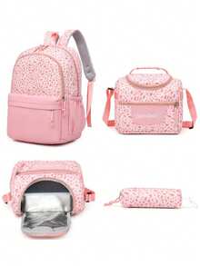 Nuevo Set de Mochila de 3 Piezas con Estampado de Leopardo en Bloques de Color, Mochila Escolar de Gran Capacidad y Ligera para Estudiantes con Estuche para Lápices y Bolsa de Almuerzo, Mochila Casual para Viajes al Aire Libre, Desplazamientos y Estudio para Estudiantes de Secundaria - Multicolor - Ver 8