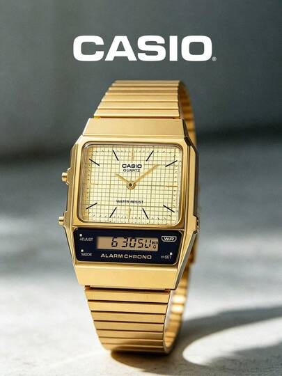 Đồng hồ thể thao ngoài trời CASIO Vintage màu vàng mặt vuông hiển thị kép, dây đeo thép kim loại retro, chạy bằng năng lượng mặt trời, chống nước, đa năng, đồng hồ điện tử thể thao ngoài trời