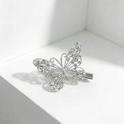 1pc Minimalist Hollow Alloy Full Rhinestone Butterfly Hair Clip, Side Bangs Clip, INS Bow Hairpin, High-Quality Elegant Pearl Hair Accessory