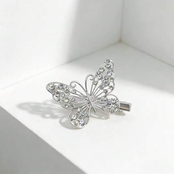 1pc Minimalist Hollow Alloy Full Rhinestone Butterfly Hair Clip, Side Bangs Clip, INS Bow Hairpin, High-Quality Elegant Pearl Hair Accessory