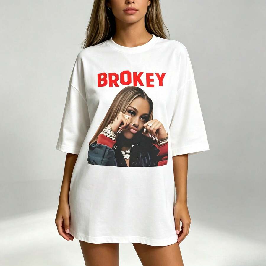 Loose Y2K Stylish Letter Print T Shirt - Casual Round Neck,Short Sleeves,Machine Washable - Suitable For Spring/Summer/Autumn,Fashion Style - 白色 - 查看 1