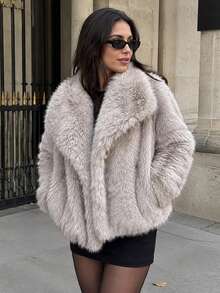 Faux Fur Fluffy Warm Long Sleeve Autumn/Winter Jacket - Light Grey - View 2