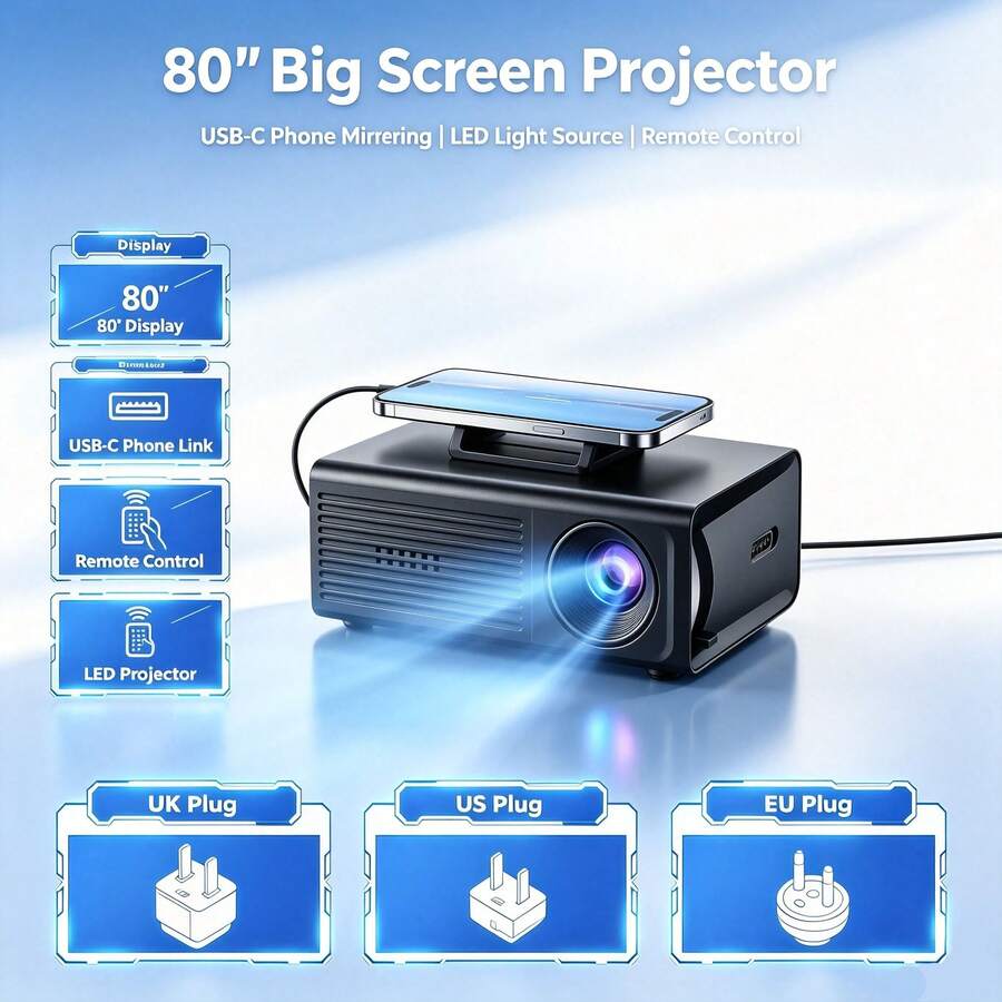 Portable Mini Full HD Wired Projector, Wired Connection Only, NO WiFi NO Bluetooth, Built-In Speaker & Remote Control, Work With Phones & Tablets, Multi Plugs EU/UK/US/AU, Small Movie Projector For Home Theater Office Dorm Travel