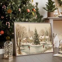 1pc Framed/Unframed Snowy Town Square Christmas Tree Canvas Poster Winter Wonderland Ice Skating Wall Art Print Xmas Festival Nordic Decor Rustic Painting For Apartment,Living Room,Bedroom,Modern Home Decoration - A - View 6