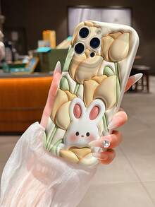1pc Wavy Edge Cream Floral Print Phone Case, Soft TPU Shockproof Protective Cover, Tulip Rabbit 3D Pattern Phone Case Compatible With Samsung, Series Phones - White - View 4
