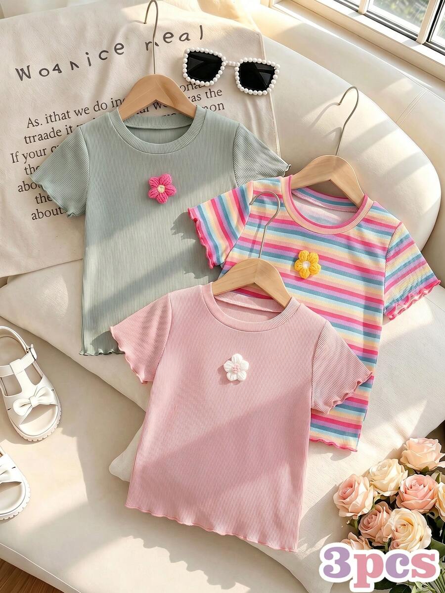 3pcs Young Girl Casual Ribbed Short Sleeve Floral Top + Colorful Stripe Short Sleeve Set - Green - View 1
