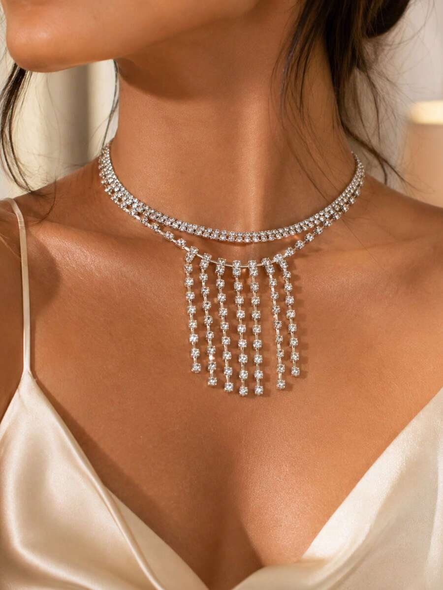 1pc Multi-Layer Tassel Necklace With Rhinestones, Niche Elegant Collarbone Chain, Elegant Wedding Outfit Accessory For Women - Silver - View 1