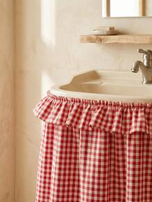 1pc Black And White Plaid Fabric Washable Material Round Basin Skirt With Ruched Hem And Pleated Details, Minimalist Fashion Style, Concealing Washbasin Storage And Decorative Function, Suitable For Bathroom Daily Arrangement And Modern Home Decor - Red - View 8