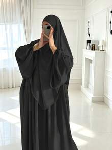 2pcs/Set Khimar+Abaya) Soft Muslim Prayer Outfit, Long Abaya With Matching Hijab, Casual Outing Essential Fashion Item (Hijab+Dress) - Multicolor - View 11