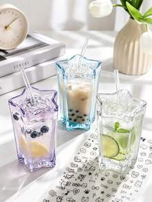 Star Shaped Glass Cup With Straw, Clear Reusable Iced Coffee Glassware, Summer Tumbler For Juice, Soda, Parties & Daily - Multicolor - View 1